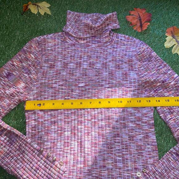 Space Dyed Ribbed Turtleneck with Gold Button Cuff Accents - Picture 5 of 7